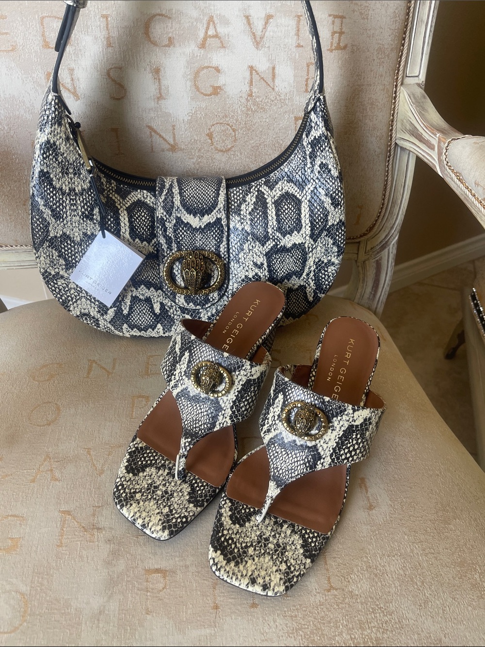 Kurt Geiger Black & White Snake-Print Slide Sandals with Gold Buckle